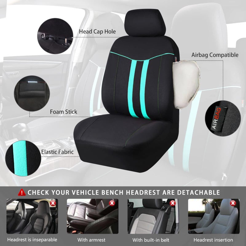 CAR-GRAND Polyester Universal Fit Seat Cover, Black-Mint, Set of 9 Including Headrest Covers, Airbag Compatible, for Cars, Trucks, SUV, Van, Sedan - Image 3